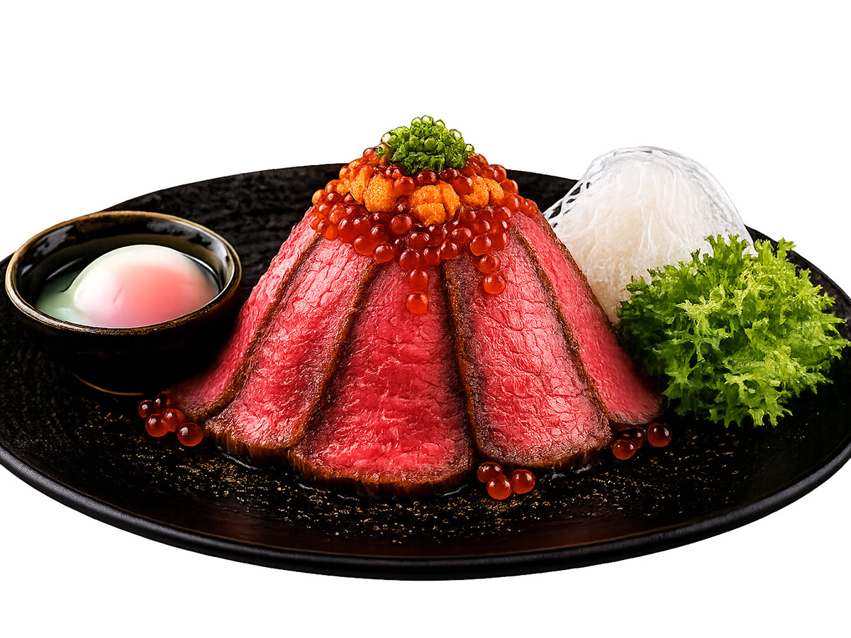 数量限定1日限定10食のローストビーフのマウンテン丼・ウニとイクラを添えて。