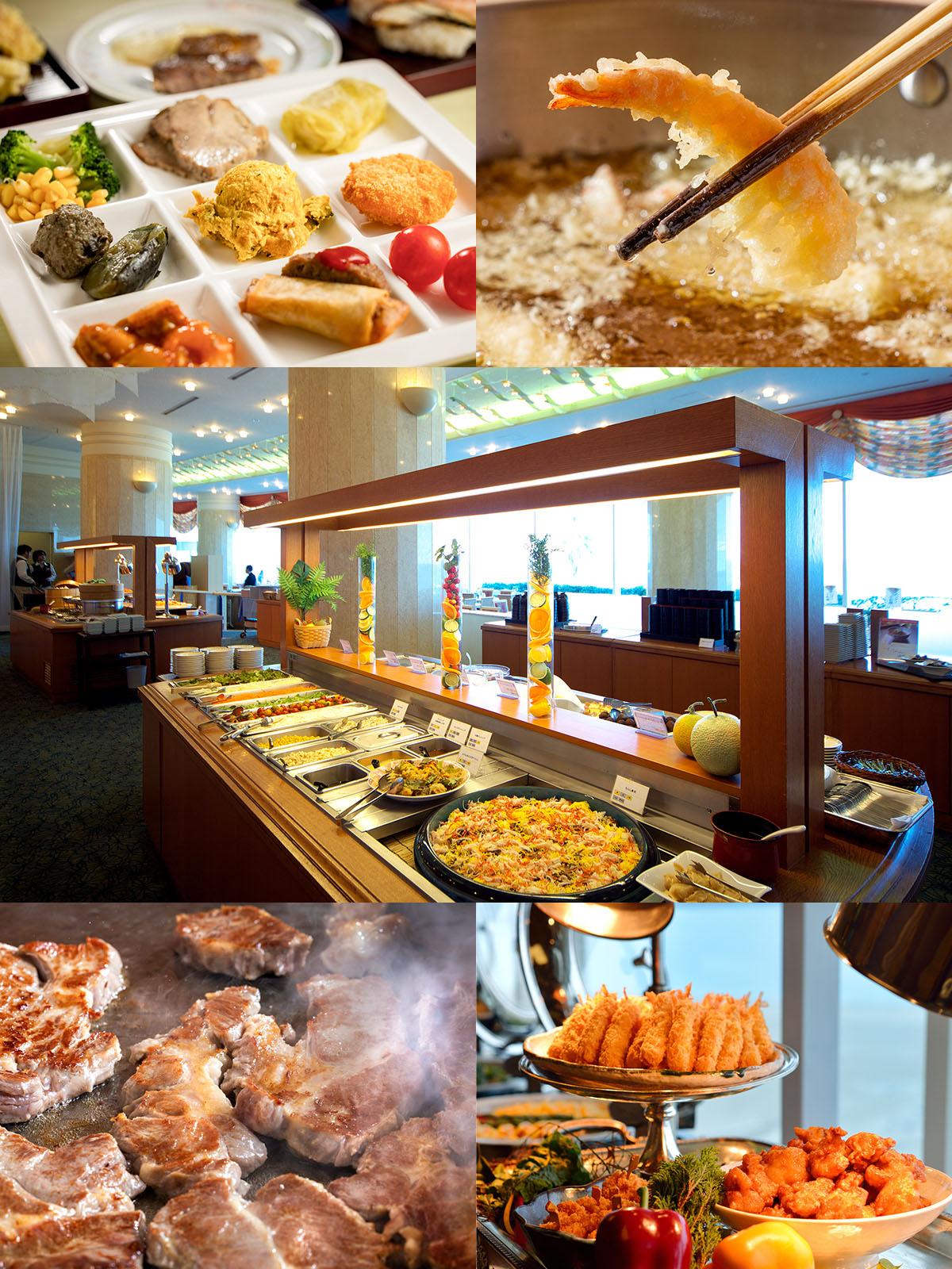 伊良湖リゾート＆コンベンションホテルの夕食バイキング。焼きたてステーキ、揚げたて天ぷら、色とりどりのプレート料理が並ぶ広々としたレストラン会場。