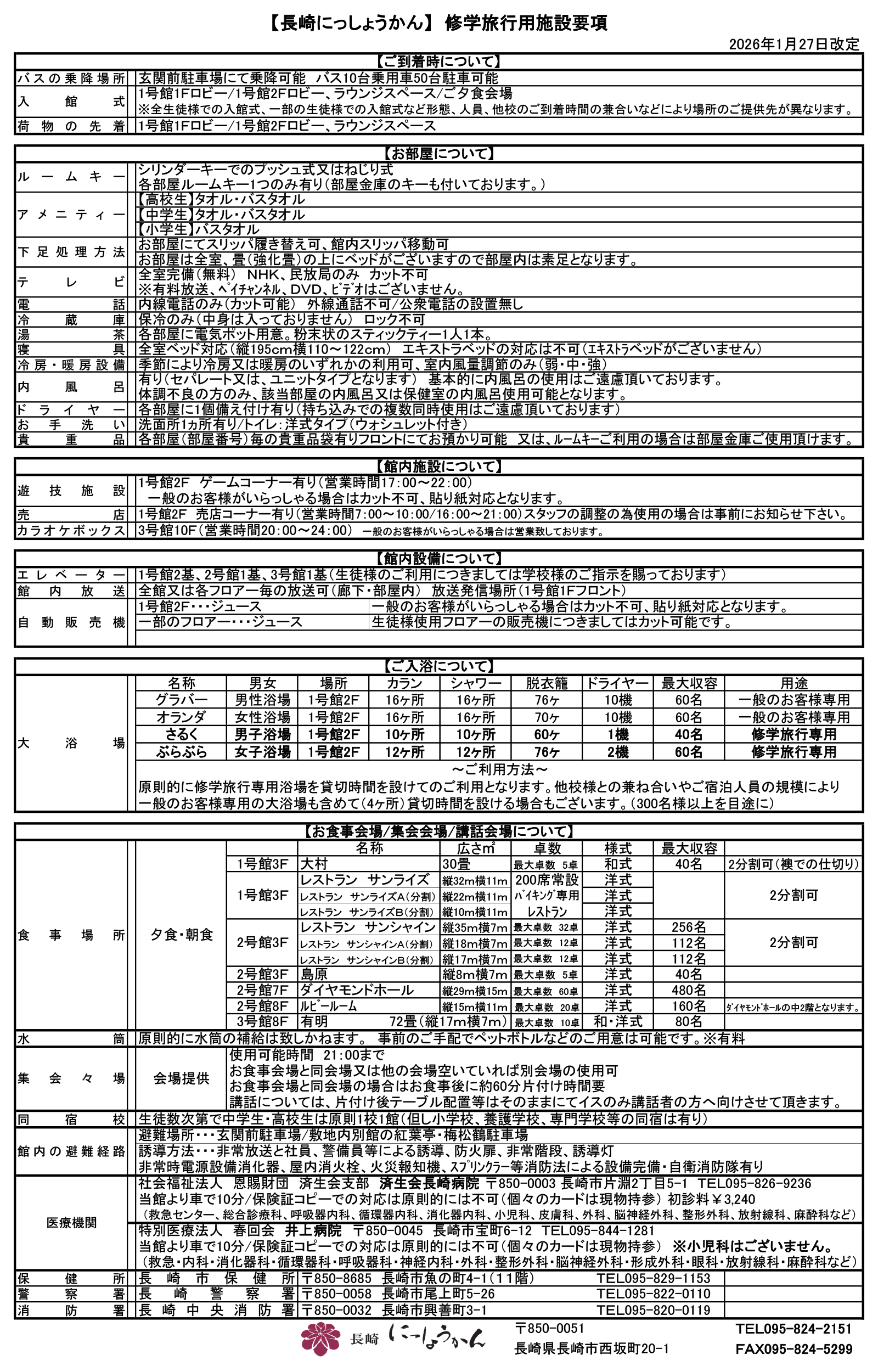 修学旅行用・施設要項の詳細